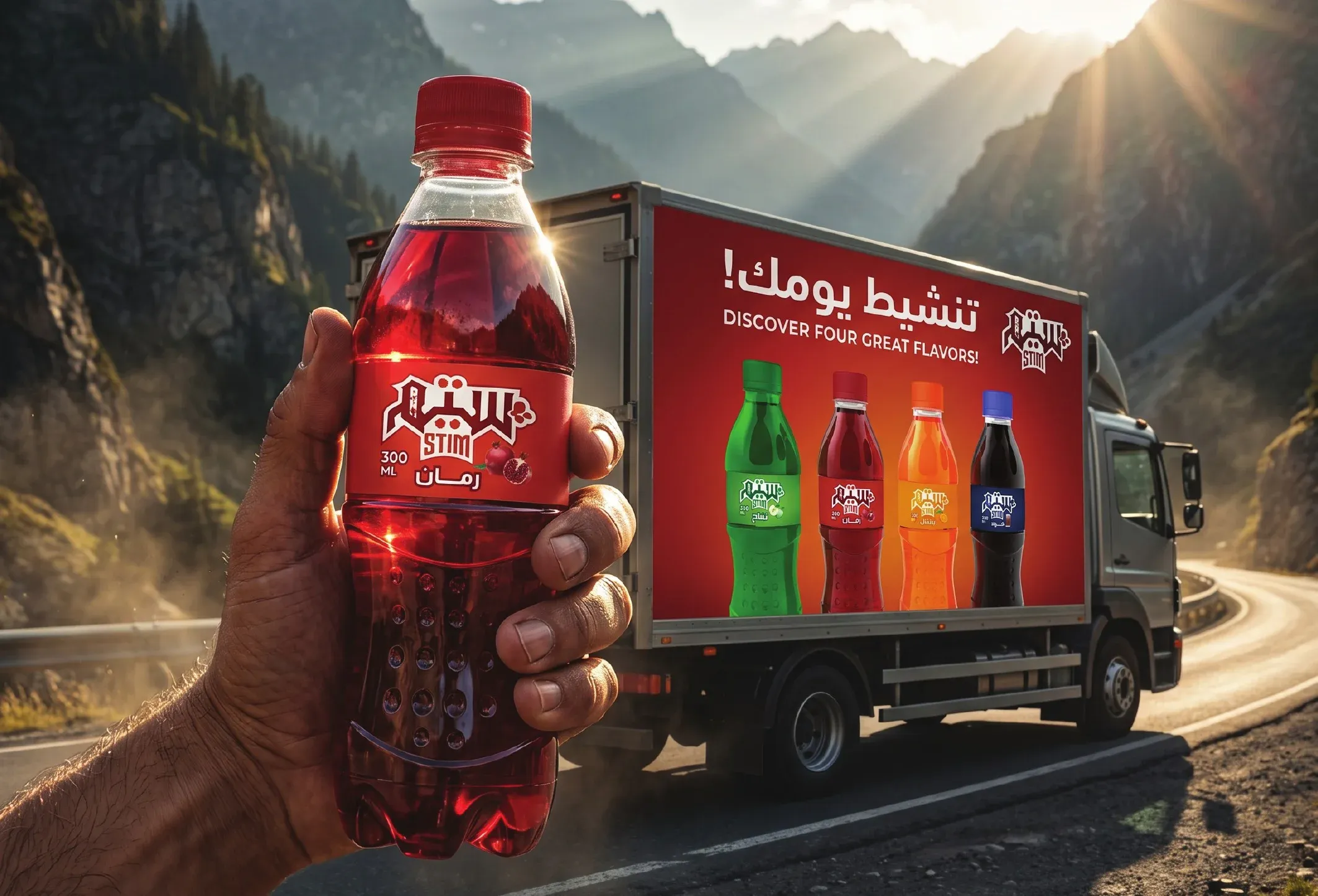 A Stim pomegranate bottle held in front of a branded distribution truck